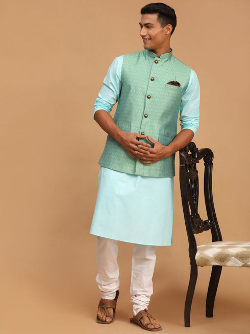 Vastramay Men's Green Jacquard Nehru Jacket with Kurta Pyjama Set